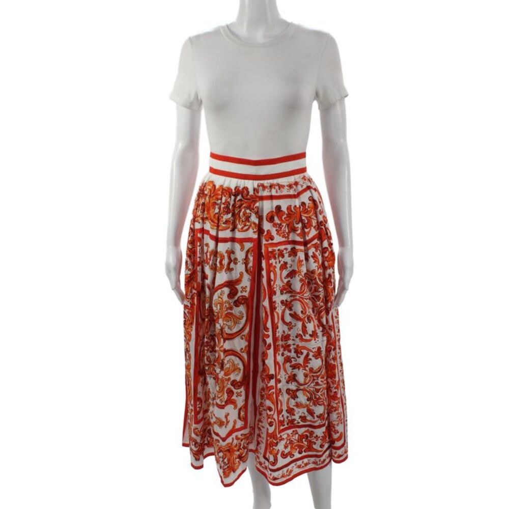 Dolce & Gabbana Women Pleated Midi Skirt White Cotton Graphic Print Size 40